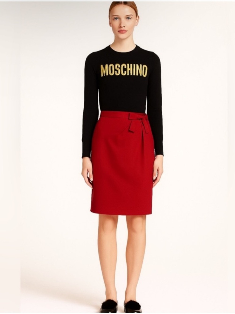 Moschino Cheap and Chic Red Pencil Skirt with Bow Detail